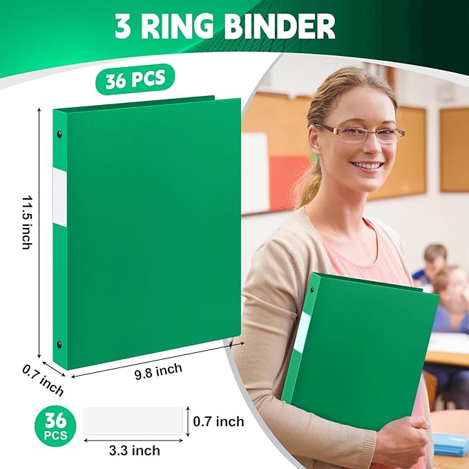 Henoyso 36 Pcs 3 Ring Binder 0.5 Inch Round Fits Letter Size 8.5'' x 11'' Paper Plastic Flexible Binder Bulk Holds 140 Sheets with 1 Pockets Versatile Organizer for Home Office School (Green)