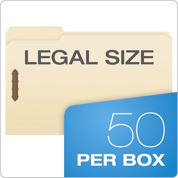 Pendaflex Manila File Folders Legal Size 2 Fasteners | 1/3 Cut Tabs | Reinforced Tabs | For Desk & Drawer | 50 Per Box, Pack of 5
