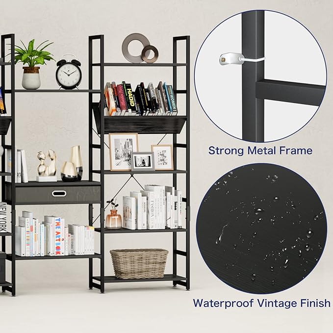 NUMENN Triple Wide 5 Tier Bookshelf, Adjustable Rustic Industrial Style Book Shelves, Modern Bookcases and Bookshelves Furniture for Bedroom, Living Room and Home Office, Elegant Black