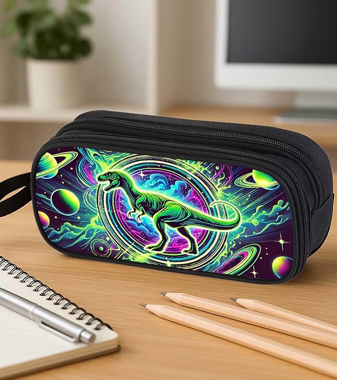 AnySmic Dinosaur Pencil Case for Boys and Girls, Dino Pencil Pouch for Kids, Big Capacity Pen Case Gifts for Child at Elementary School, Double Zipper Pen Bag Organizer with 2 Compartments