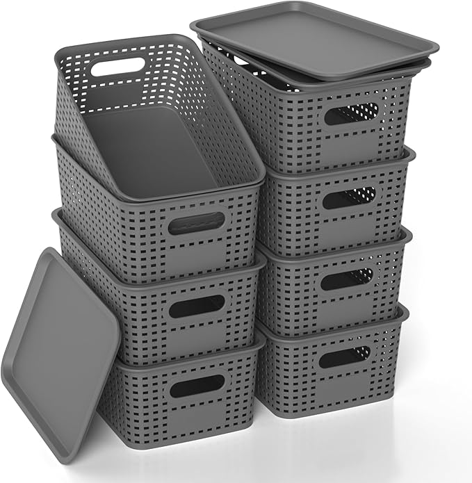 ZFTMRR Plastic Storage Basket with Lids, Stackable Small Box Bins for Organizing and Containers for Shelves Drawers Desktop Closet Playroom Pantry Classroom Office Home, 8 Pack 10.2x7.2x4.1 Inch, Gray