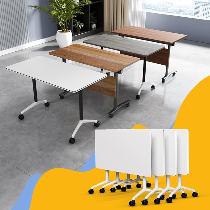 Conference Table Flip Top Mobile Conference Room Tables,Folding Conference Table with Wheels,Large Meeting Training Seminar Table Saving Space for Office Classroom (4, White, 61'')