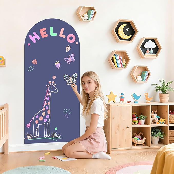 WUPIOS Magnetic Wall Decal Dusty Blue Magnetic Chalkboard for Wall 39.3x17.5 Inches Arch Wall Decal Sticker Sheets Peel and Stick Chalk Board Roll with Chalks for Playroom Classroom