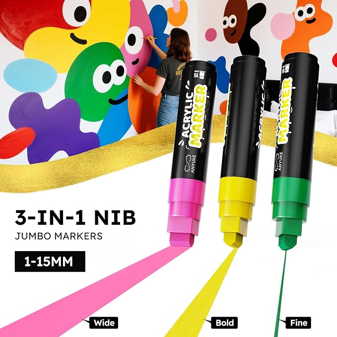 ANYUKE 12 Colors Acrylic Paint Markers - 15mm Jumbo Poster Markers, Permanent Paint Pens for Poster Board, Fabric, Rocks, Wood, Glass, Ceramic, Canvas, Metal, Plastic
