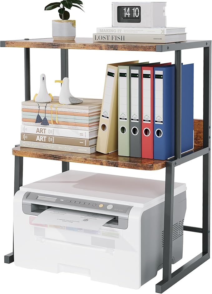 Homeiju Printer Stand for Desk with Storage, 3-Tier Shelves Organizer with Wood Top, Heavy Duty Metal Frame for Home Office, Holds Printer, Books, Supplies, Rustic Brown