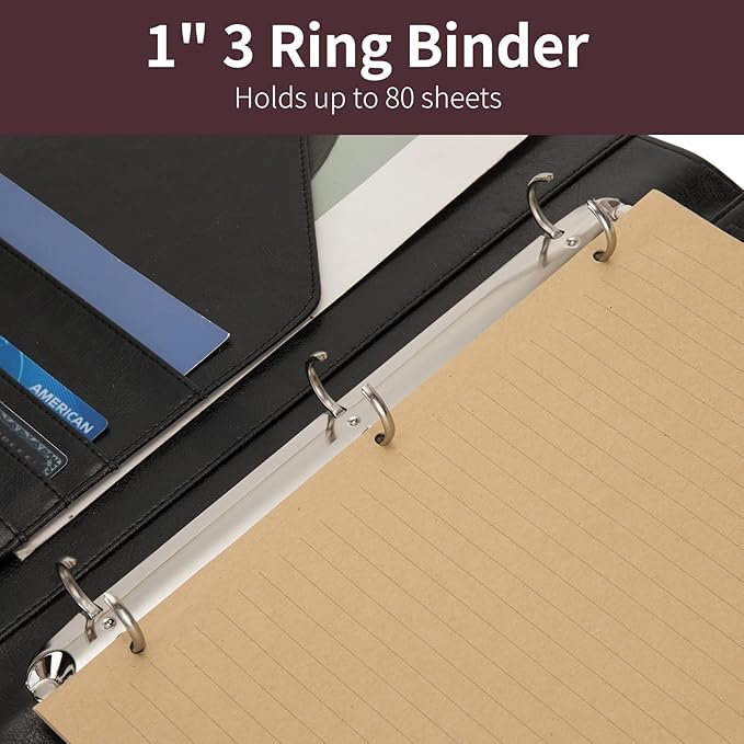 Geslun Personalized Vegan Leather 3 Ring Binder, Custom 8.5 x 11 Letter Size Folio with Pen Holder, Soft Notebook Portfolio Cover, Notepad Padfolio Organizer for Meeting, Black