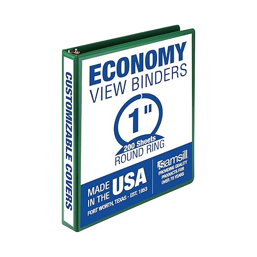 Samsill 1 Inch 3 Ring Binder, Made in USA, Economy Round Ring, Clear View Cover, 200 Sheet Capacity - for School, Home, Office - Forest Green
