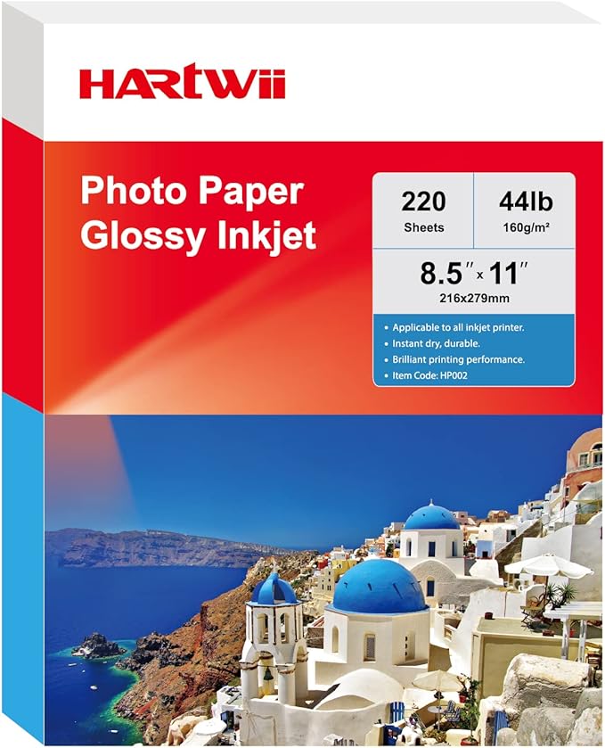 HARTWII 220 Sheets Photo Paper Glossy Inkjet 8.5x11 44lb 160Gsm A4 Letter Size Suitable for All Dye Ink Printers