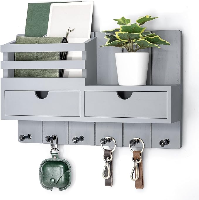 Rebee Vision Decorative Key Holder Wall Mount for Aesthetic Room Decor - Stylish Mail Holder for Wall with 2 Drawer Organizer and 6 Key Hooks - Modern Apartment Essentials (Gray)