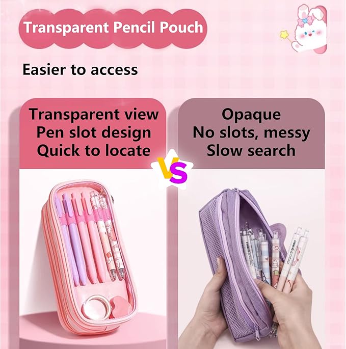 UINSUE Cute Pen case Adorable Bunny Transparent 3-Layer Large Capacity Pencil Case Gadget organizer with Lovely Stickers (Pink-Bunny)