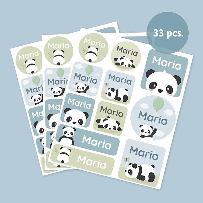Large Name Labels for Kids (33) - Custom Stickers for Daycare and School Supplies - Durable, Waterproof Stickers for Water Bottles, Lunch Boxes, and More with Unique Designs - Panda