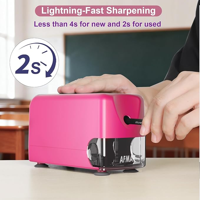 AFMAT Electric Pencil Sharpener, Cordless & Rechargeable, Heavy Duty Classroom Pencil Sharpeners for 6-11 mm Pencils, Auto Stop, 2s Fast Sharpening, Battery Powered, 10,000 Sharpenings, Pink, PSD3