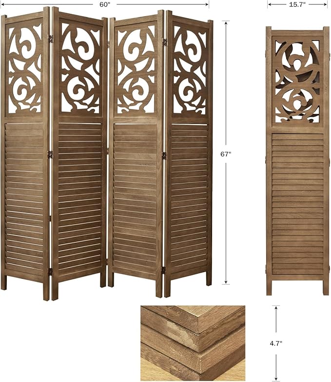 Room Divider Wood Carved Wall Divider Indoor Folding Portable Partition Screen for Home Office Garden Terrace - 4 Panel, 67 * 60inch (Dark Brown)
