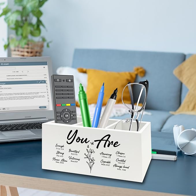 QZQE You Are Christian Pen Pencil Holder Organizer for Desk, Christian Gifts for Women, Floral Inspirational Bible Verse Wooden Box Signs Decorations for Home Office Desk Tabletop