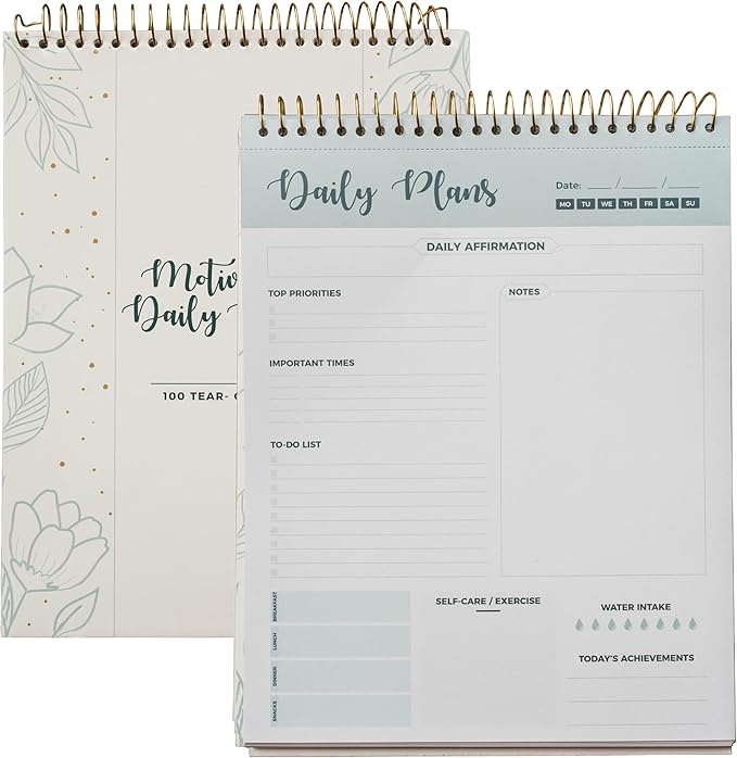 Spiral Daily Planner Agenda Notepad -100 Undated Tear-Off Sheets -Desk Notepad, Motivational Calendar, Organizer, Productivity Tracker, Organizing Goals, Task Planner, Ideas, Notes, to Do List 8.5x11