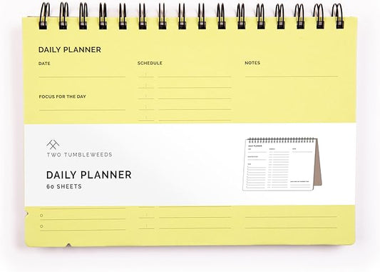 Undated Daily Planner Notebook – Spiral Bound A5 (5.75" x 8.5"), 60 Pages, Yellow Cover | Simple Organizer for Work, School & Personal Goals