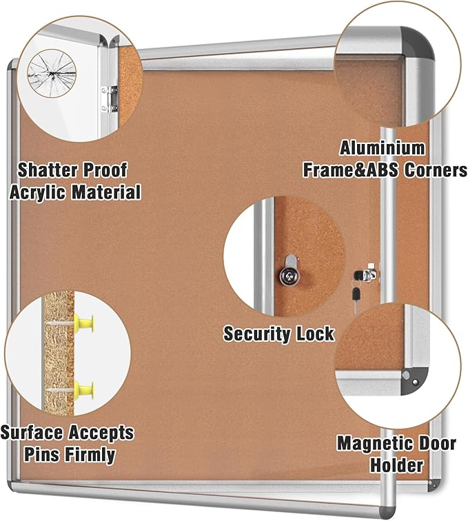 Mifuro 38"x38" Enclosed Bulletin Board, Lockable Weather-Resistant Aluminum Cork Noticeboard for School & Office, Silver Frame w/Cork