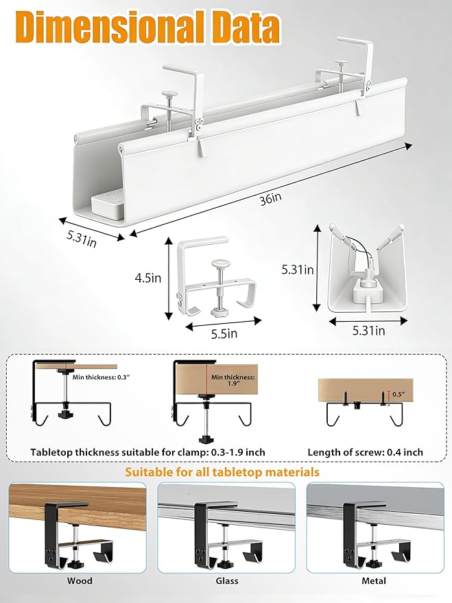 Oxford Cloth Under Desk Cable Management Tray,No-Drill 48" Desk Cable Management Organizer with Clip/Screw Installation,Fabric Cable Management for Home,Office & Gaming Computer(White)