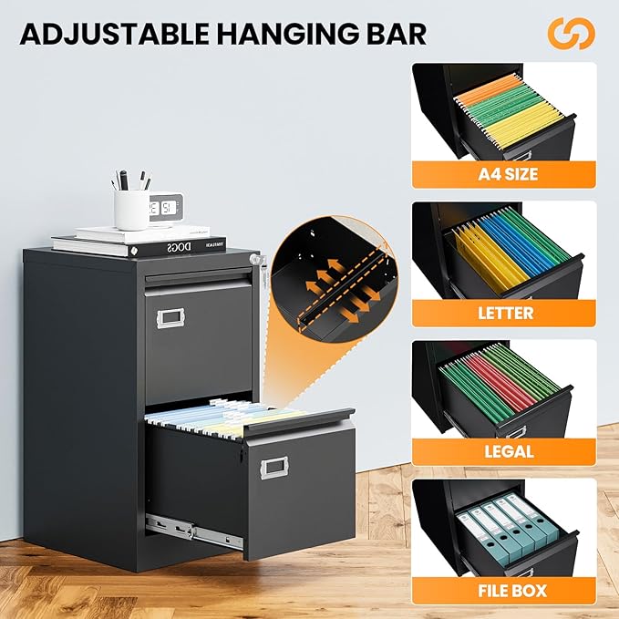 AFAIF 2 Drawer File Cabinet with Lock, Metal Filing Cabinets for Home Office, Vertical Black Small File Caninet, Steel Narrow Two Drawer File Cabnet for Letter/Legal / A4 / B4 - Assembly Required