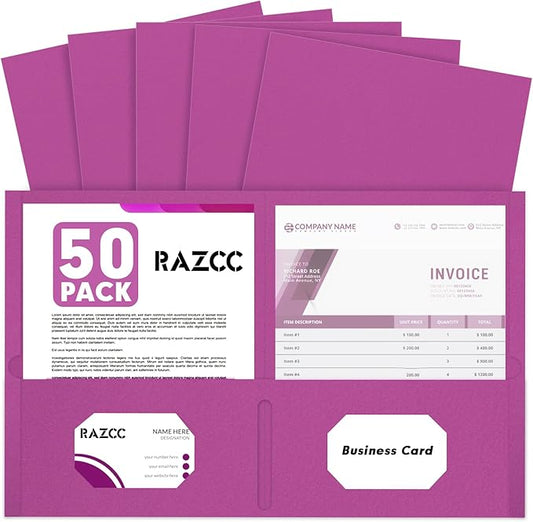Two Pocket Folders, RAZCC 50 Pack 2 Pocket Folders Fit Letter Size Paper, Paper Folders with Pockets for School Office Business Home (Rose Purple)