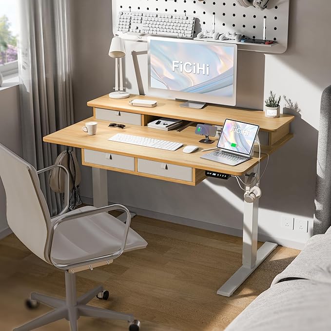 FiCiHi Adjustable Height Standing Desk with 4 Drawers,48 x 30 inches Electric Sit Stand Home Office Desk with Two Tiers, 3 Memory Presets, Monitor Stand Riser, USB A/C Charging Port