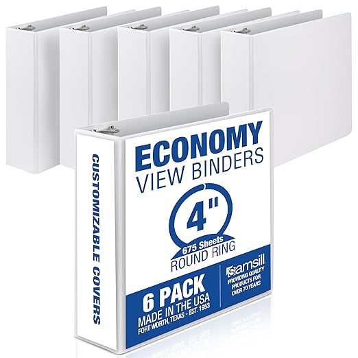 Samsill 4 Inch 3 Ring Binders, Made in USA, Economy Round Ring, Clear View Cover, 675 Sheet Capacity - for School, Home, Office - White, 6 Pack