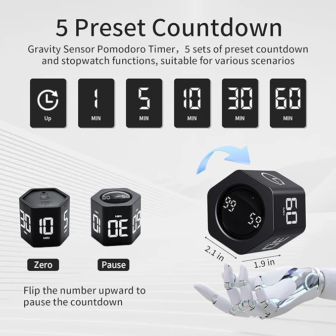 LUCKY TIME Productivity Timer Flip Gravity Sensor Pomodoro Cube Timer Countdown & Countup,1/5/10/30/60min Preset & Custom Timing, Mute/Vibrate/Sound for ADHD,Work,Study,Kitchen(1, Black Hexagon)