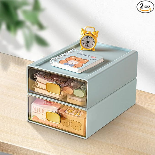 DETEIN 2 PACK Stackable Desk Organizer with Drawer Desktop Storage Drawer Box Plastic Desk Stationery Organizer for Office Supplies, Pens, Mails, Makeup, Letters (Blue, M - 1 Drawer, Pack of 2)