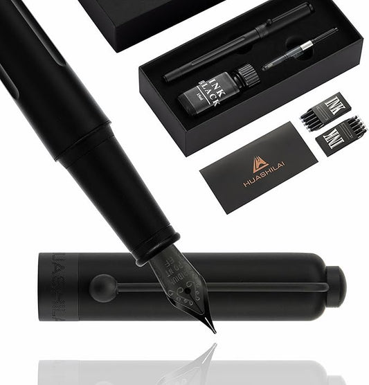 HUASHILAI Luxury Matte Black Forest Fountain Pen Set,Titanium Black Extra Fine and Medium Nibs,Includes 2 Ink Converters,10 Ink Cartridges,15ml ink，Premium Gift Case for Calligraphy (Extra Fine Nib)