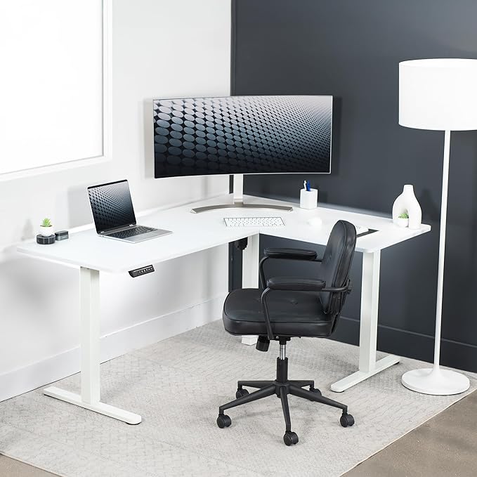 VIVO Electric Corner 63 x 47 inch L-Shaped Standing Desk, Memory Height Adjustment, White Top White Frame, DESK-E3CTW-47