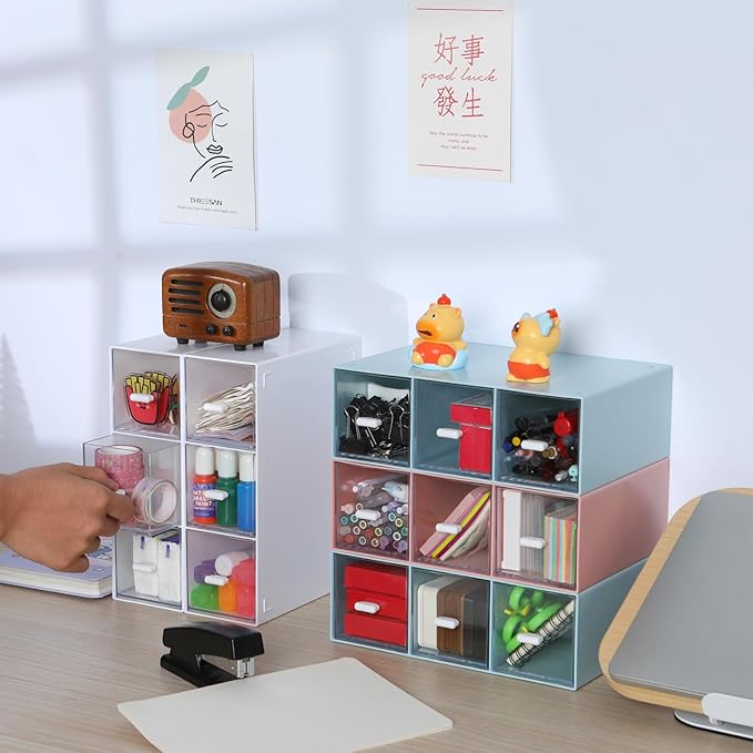 OSteed Desktop Drawers, Desk Organizer with 6 Drawers, Stackable Plastic Storage Box for Home Collection, Cosmetics, Jewelry, Office Supplies (2 Tall Layers, White)