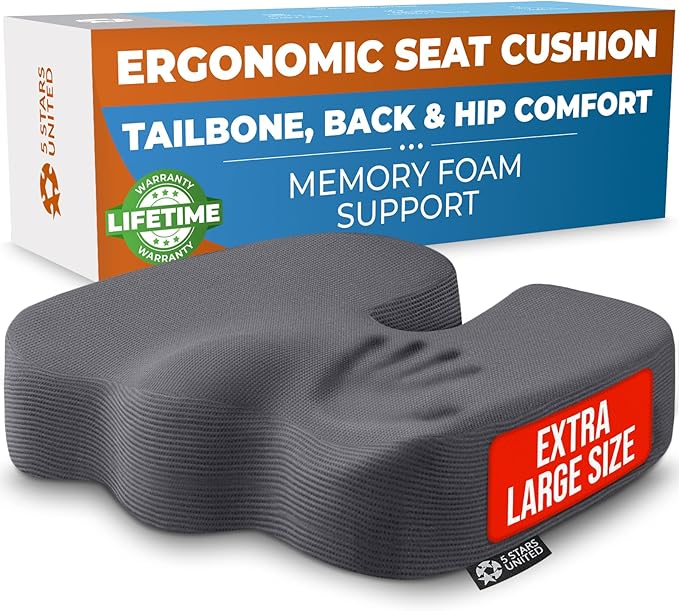 5 STARS UNITED Seat Cushion for Tailbone Pain Relief – Memory Foam Cushion for Coccyx, Hip, Sciatica & Post-Surgery Recovery – Wheelchair, Car, Desk, Gaming & Office Chairs, Dark Gray, X-Large