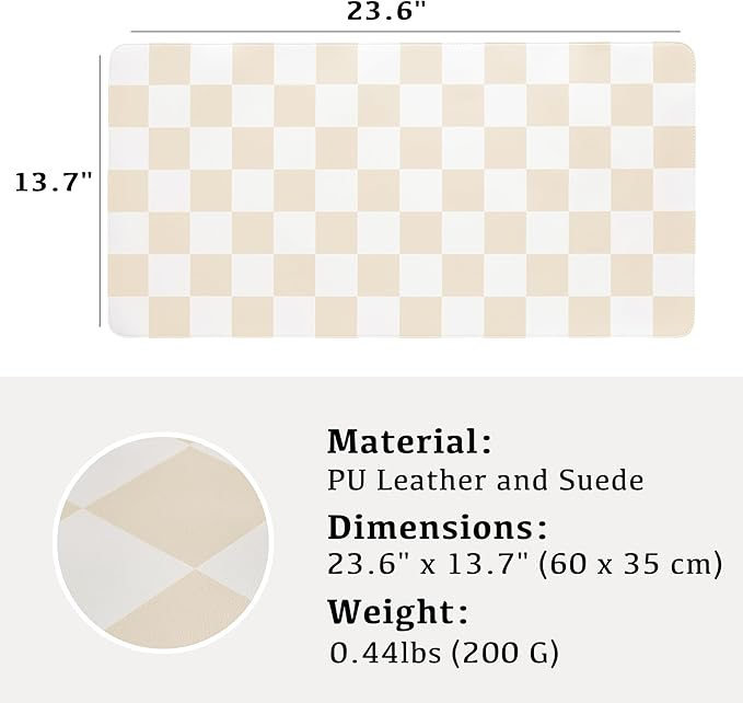 Ohocut Checkered Desk Mat, Large Cute Aesthetic Retro PU Leather Computer Laptop Desk Mat, Non-Slip Waterproof Mouse Keyboard Pad, Desk Writing Mat for Work/Home (Beige, 23.6" x 13.7")