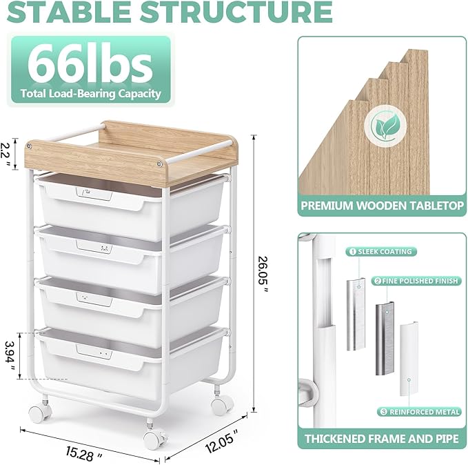 Rolling Storage Utility Cart With 4 Drawers,Kids Craft Art Cart,Makeup Organizer And Storage with Wooden Tabletop,White