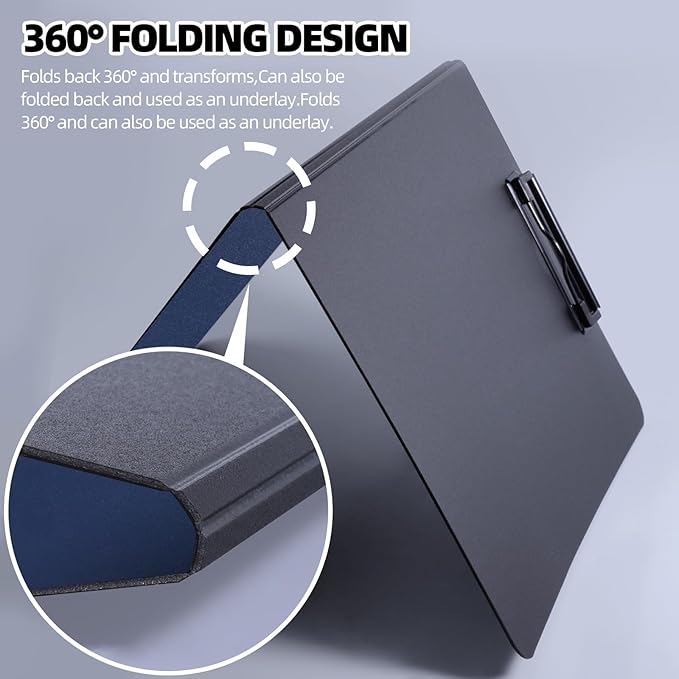FRETONBA Clipboard Folder, 2 Pcs A4 Foldable Clipboard with Horizontal and Vertical Double Metal Clips, 360 Degree Foldable Binder Clipboards with Pen Holder, File Cover Work Folder Clipboards, Blue