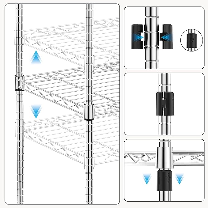 M MZG 1250 lbs 5 Tier Shelf Metal Storage Shelves Wire Rack Closet Organizers with Wheel for Garage Kitchen Bathroom Laundry Chrome 13.7" D x 23.6" W x 62.4" H