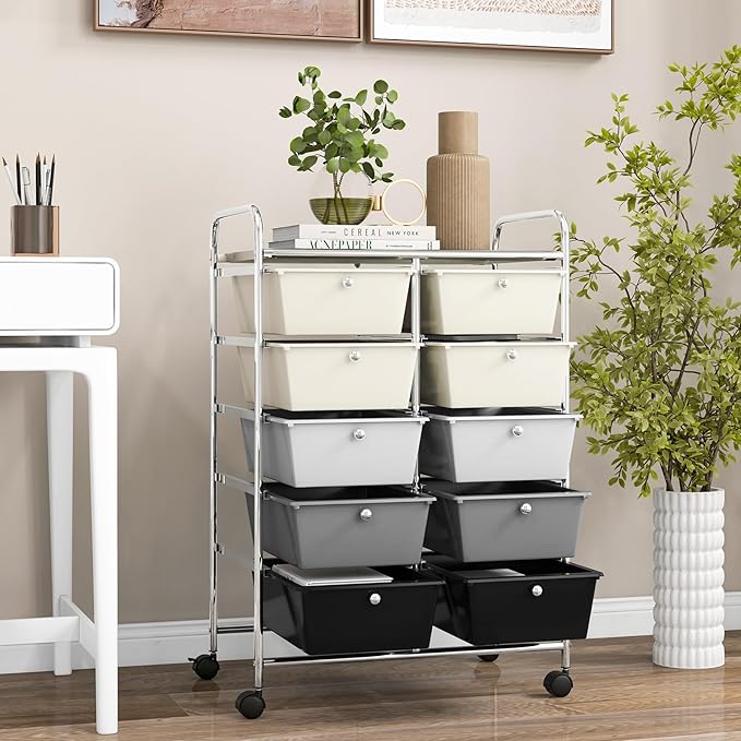 GOFLAME 10-Drawer Rolling Storage Cart, Art Craft Storage Organizer on Wheels, Multipurpose Movable Utility Cart for School, Office and Home, Grey Gradient