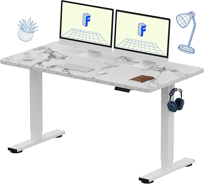 FLEXISPOT EN1 One-Piece Standing Desk with 1-Inch Thick Seamless Desktop, 55"x28" Electric Height Adjustable Desk for Home Office, Multi-Monitor Setups & Easy Assembly, Marble Gray