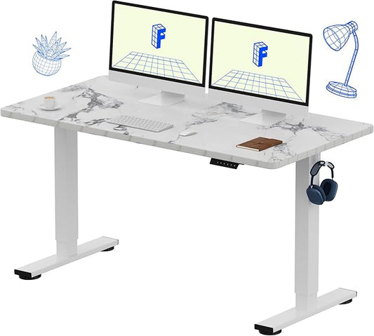 FLEXISPOT EN1 One-Piece Standing Desk with 1-Inch Thick Seamless Desktop, 55"x28" Electric Height Adjustable Desk for Home Office, Multi-Monitor Setups & Easy Assembly, Marble Gray