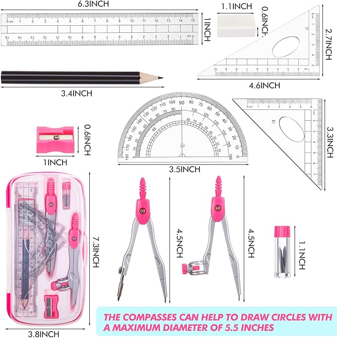 Zonon 24 Sets Math Geometry Kit Student 10 Pcs Shatterproof Storage Box Includes Compass, Rulers, Protractor, Eraser, Pencil Sharpener, Lead Refills, Pencil for Back to School Students Class Teacher