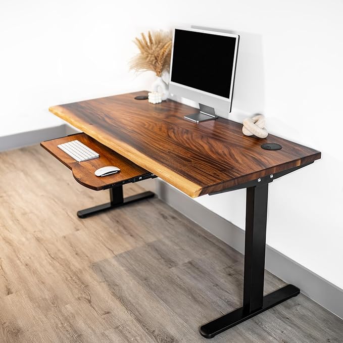 Standing Desk with Keyboard Tray – Walnut Solid Wood Desk, Natural Live Edge, Adjustable Height Dual Motor, Sit Stand for Home Office (Black, W60 x D27)