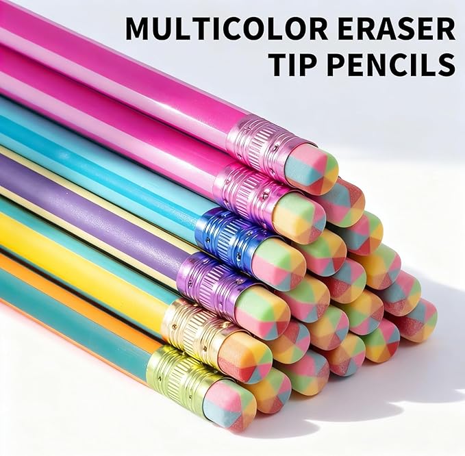 M&G Aurora Series 24 Pack 2B Triangular Wood-Cased Pencils, Pre-Sharpened with Erasers, Smooth Writing Break-Resistant Core, 6 Two-Tone Striped Colors for School Office Drawing Classroom Supplies