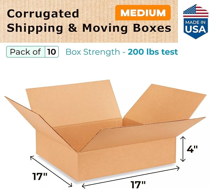 Medium Shipping & Moving Boxes 17x17x4 inches (10-Pack) - Extra Strength 200 lb vs Regular - Corrugated Packing Boxes - Cardboard Box Moving and Delivering - Box for Moving by IDL Packaging