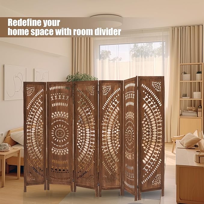ALeesing 6 Panel Wood Room Divider Fully Assembled, Decorative Room Dividers and Folding Screens, 5.6Ft Room Divider Screen Freestanding Partition Wall Dividers for Home Bedroom Office, Dark Brown