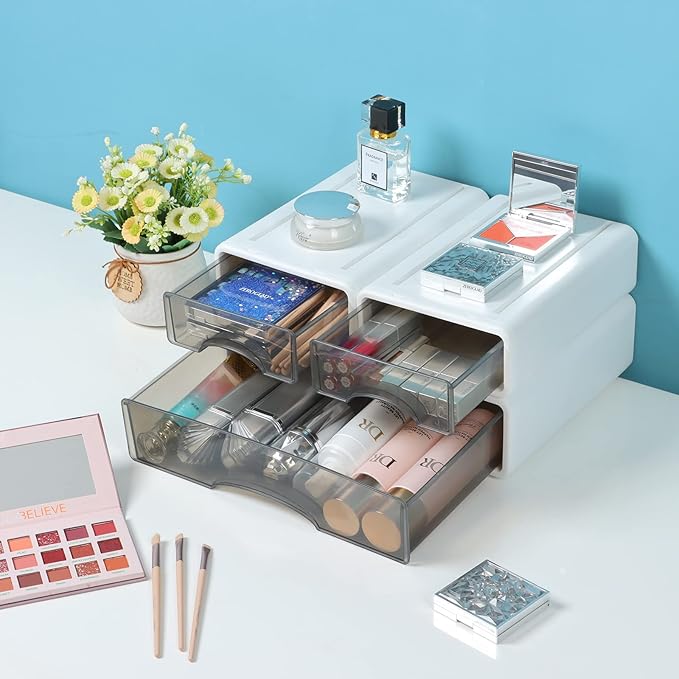 OSteed White Desktop Drawers for Paper, Stackable Office Storage Drawers for Desk, Craft Organizer and Storage Bins, 3 Mixed Storage Container with Plastic Drawers for Office Supplies