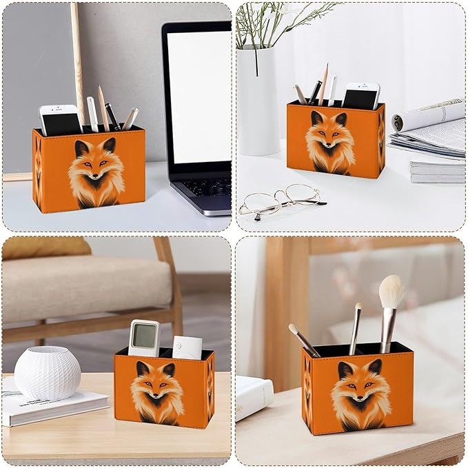 Famame Fox Orange Face Pencil Holder for Desk, Leather Desktop Container Pen Cup Storage Study Table Pen Organizer Makeup Brush Holder for Classroom Office Home