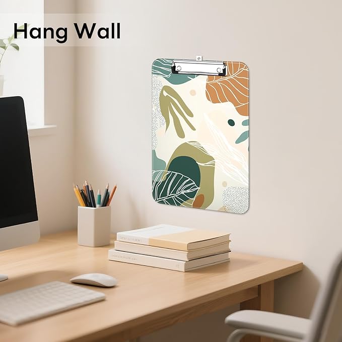 Luminzo Plastic Cute Clipboard Low-Profile Metal Clip, A4 Letter Size 9 x 12.5 in, 8.5 x 11 Paper Clip Board for Teachers, Nurses, Classroom,Boho Leaves