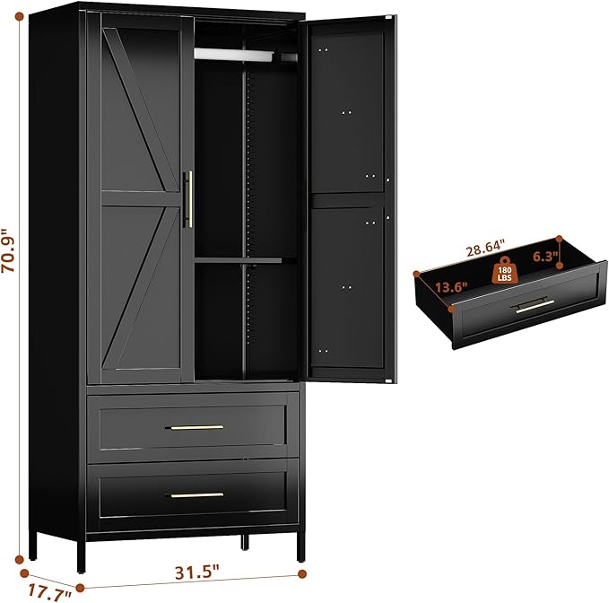 SUPEER Metal Wardrobe Cabinet with 2 Drawer and Hanging Rod, 70.9" H Metal Armoire Wardrobe Closet with Adjustable Shelf for Bedroom, Laundry Room, Home,Office,Installation Required,Black