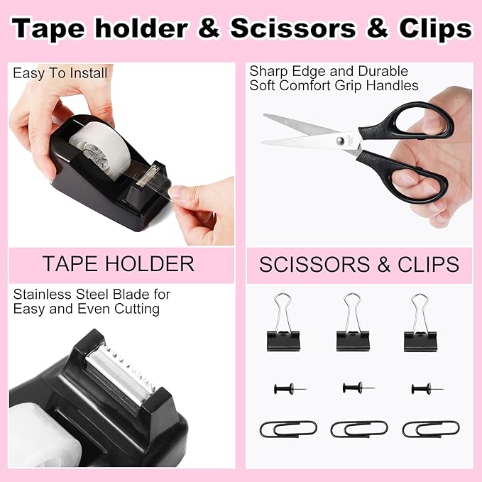 Gawsey Desk Organizers and Accessories Set with 360-Degree Rotating Pen Holder, Tape Dispenser, Stapler, Staple Remover, 1000 Staples, Tape, Clips Set, Ruler, Scissor, Pen