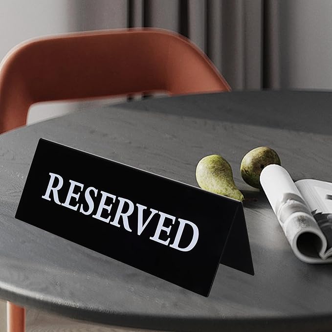 6 Pieces Plastic Reserved Table Sign for Wedding Acrylic Double Side Table Tent Black Guest Reservation Tables Seat Sign 7.9 x 2.7 Inches Reserve Seating Signs for Restaurant Chairs Wedding